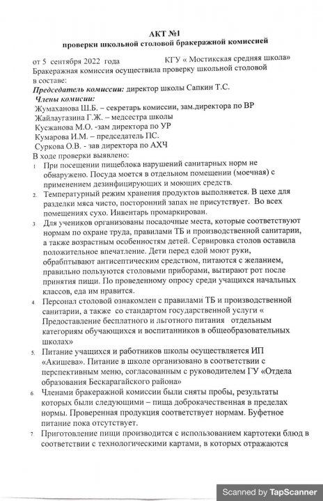 Акт проверки школьной столовой