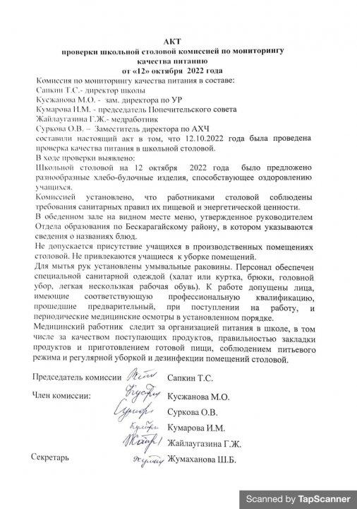 Акт проверки школьной столовой
